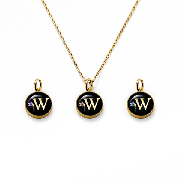 Initial Necklace Letter W Gold Black