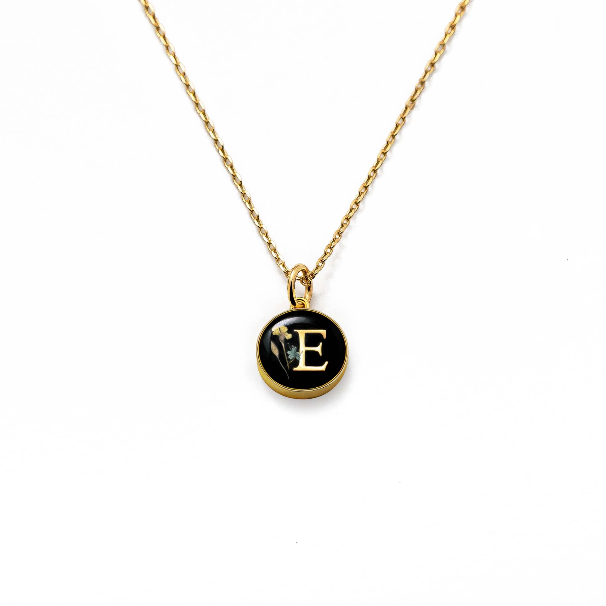 Initial Necklace Letter E Gold Black