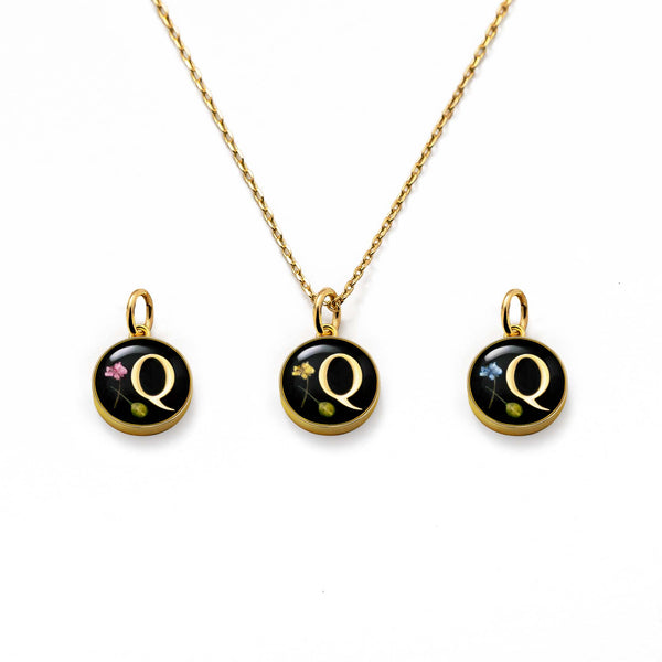 Initial Necklace Letter Q Gold Black