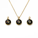 Initial Necklace Letter R Gold Black