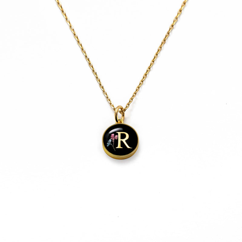 Initial Necklace Letter R Gold Black