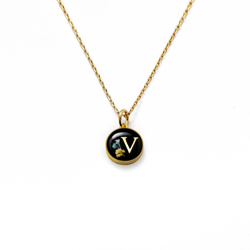Initial Necklace Letter V Gold Black